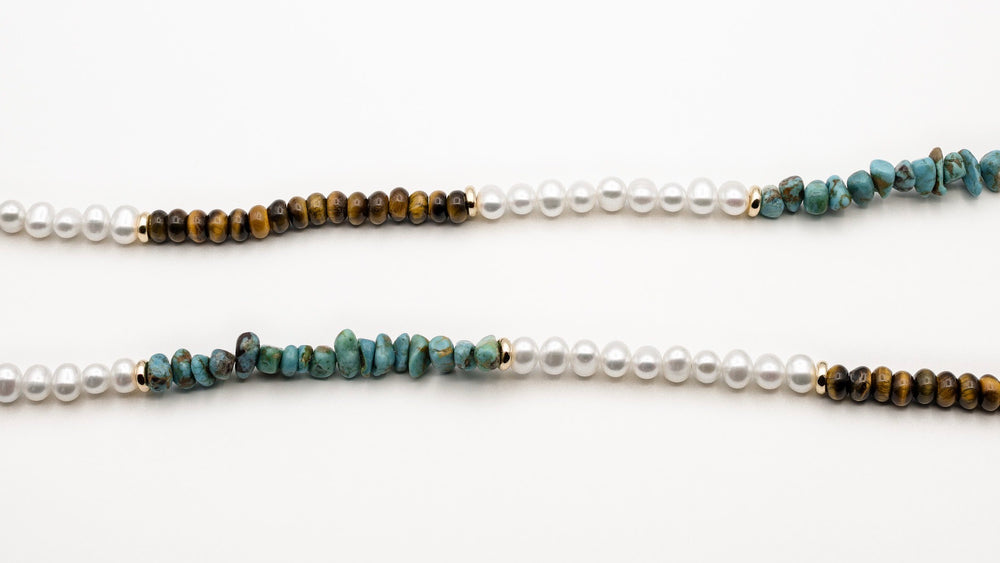 MARFA CHAIN-Freshwater Pearl / Turquoise / Tiger's Eye